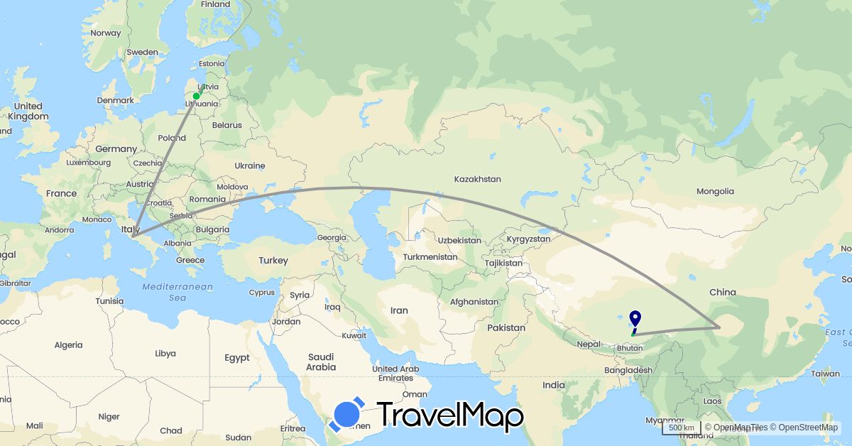 TravelMap itinerary: driving, bus, plane in China, Italy, Lithuania, Latvia (Asia, Europe)